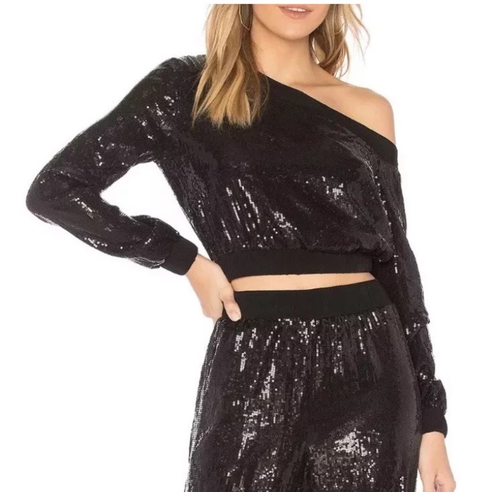 Revolve HOURS Sequin Top Black Blouse Holiday New